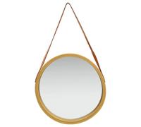Goldonion Specchio da Parete Rotondo 50 cm con Cinghia Oro e Marrone | Design sospeso retrò, similpelle liscia, legno di paulownia, vetro e derivati del legno, nastro 120x3 cm, altezza regolabile