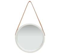 Goldonion Specchio da Parete Rotondo con Cinghia 40 cm Argento e Marrone | Design retrò,sospeso,cinghia in ecopelle regolabile,legno di paulownia,vetro,forma rotonda