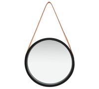 Goldonion Specchio da Parete Rotondo con Cinghia 40 cm Nero e Marrone | Legno di paulownia e, similpelle, vetro, nastro 100 x 3 cm, altezza regolabile, stile retrò