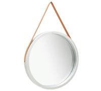 Goldonion Specchio da Parete Rotondo con Cinghia 60 cm Argento e Marrone | Design sospeso,cinghia in similpelle regolabile,cornice in legno di paulownia,vetro rotondo 60 cm,stile retrò