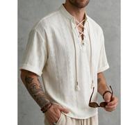 GOLDREDY Camicia da uomo estiva stile americano con scollo a V, lacci, maniche corte, jacquard, ampia, stile old money, alla moda bad boy, di nicchia, con texture L,M,S,XL,XXLGeometrico,stampa dappert