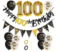 GoldRock Decorazione per 100° compleanno, colore oro e nero, uomo e donna, decorazione per 100 anni, palloncini e ghirlanda di auguri di compleanno