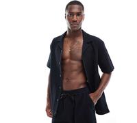 Goldsboro - Camicia nera da mare lavorata a nido d'ape con rever-Nero S
