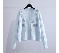 Golfino Donna,Cardigan Lavorato A Maglia Da Donna Moda Semplice Blu Perline Jacquard Bottone Con Scollo A V Manica Lunga Aperto Davanti Maglioni Cardigan Autunno Elegante Largo Maglia Capispalla Gia