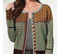 Golfino Donna,Cardigan Lavorato A Maglia Da Donna Modello Etnico Vintage Ocra Girocollo Bottone Manica Lunga Aperto Davanti Maglioni Cardigan Autunno Largo Cappotto Corto In Maglia Capispalla Giacca