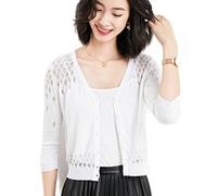 Golfino Donna,Cardigan Lavorato A Maglia Leggero Da Donna Moda Semplice Bianco Jacquard Vuoto Con Scollo A V 3 4 Bottoni A Manica Cardigan Aperto Davanti Signore Giacca Corta Elegante Spalla Per Abi