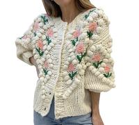 Golfino Donna Cotone,Cardigan Lavorato A Maglia Da Donna Vintage Beige Bottone Ricamato Fatto A Mano All'Uncinetto Manica Lunga Aperto Frontale Maglioni Cardigan Autunno Elegante Cappotto Giacca Cap