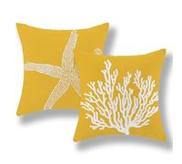 GOLIANDA - Set di 2 federe per cuscino costiere, 50 x 50 cm, motivo stella marina gialla e corallo, decorazioni nautiche per l'oceano, estive, in lino, per la spiaggia, per esterni, decorazioni per