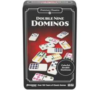 Goliath - DOMINOS DOPPIO 9 - Classico gioco da tavolo per famiglie per bambini dai 5 anni - 55 domino “numerati” da 0 a 9 - Riflessione - Scatola di metallo