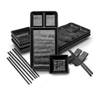Goliber Servizio Piatti Giapponese per Sushi in Melamina(16 pcs) - Include 4 Piatti di Sushi, 4 Ciotoline Per Salse, 4 Set Bacchette Giapponesi e 4 Porta Bacchette - Servizio Giapponese (Nero)