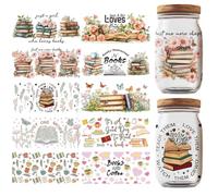 GOMAKERER 10 Fogli Adesivi per Trasferimento UV DTF Cup Wrap, Decalcomanie da Strofinare A Tema Lettura, Fiori, Farfalle, Impermeabili, Decorazione per Tazze, Bottiglie, Bevande, Marmellate, Torte