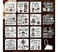 GOMAKERER 12 fogli di stencil per pittura a forma di tazza di caffè, caffè, caffè, tempo di caffè, riutilizzabili, modelli da disegno per tè pomeridiano, in plastica PET, per dipingere su pareti in