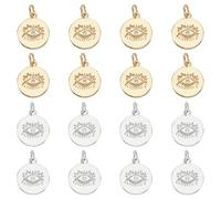 GOMAKERER 16pz Ciondolo Occhio Malvagio Zirconia Cubica, Ciondoli con Occhio Fortunato Rotondo Piatto con Anello di Salto Ciondoli con Occhio In Ottone per La Creazione di Gioielli (Platino D'Oro)