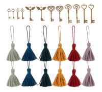 GOMAKERER 24pz Ciondoli Vintage A Forma di Chiave, Include 12 ciondolo di Chiave Scheletrica In Lega e 12pz nappe In Policotone con Chiave Nappe Colorate In Seta per Tende Fai Da Te Decorazioni
