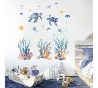 GOMAKERER 3 fogli Adesivi Murali Tartaruga Marina, Adesivo Da Parete con Coralli di Alghe Sotto Il Mare, Adesivi Da Parete Rimovibili In Vinile per Bagno, Soggiorno, Cameretta Dei Bambini, Decorazione
