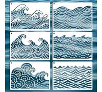 GOMAKERER 6 fogli di stencil a onde per pittura, 6 stili estivi con onde oceaniche e marine, stencil riutilizzabili a tema spiaggia, stencil decorativi per dipingere su pareti in legno decorazioni per