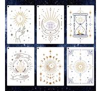 GOMAKERER 6 fogli di stencil celestiali con sole, luna, stella, per pittura, mistico, boho, cosmico, tarocchi, disegni, riutilizzabili, stencil artistici in PET per dipingere su pareti, legno