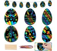 GOMANCHE 36 Pezzi Pasqua Scratch Art Carta, Uovo di Pasqua Arcobaleno Magico Scratch Crafts Ornamenti con Bastone di Legno e Nastro per Bambini Decorazioni di Festa di Pasqua