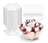 GOMETY 100 bicchieri da dessert in plastica, 250 ml, trasparenti con 100 cucchiai, mini tazze da dessert, riutilizzabili, motivo floreale, per dessert, budino, mousse