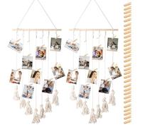 GOMETY 2 arazzi da parete in macramè, per foto, collage boho, decorazione da parete, con 60 clip in legno e 2 chiodi senza lasciare traccia, per decorazioni per la casa, matrimoni, 65 x 40 cm