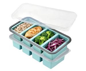 GOMETY 2 contenitori per congelatore in silicone antiaderente con coperchio, 4 cubetti, impilabili, senza BPA, lavabili in lavastoviglie, in silicone, per zuppa, salsa, brodo e alimenti per bambini (4