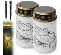 GOMETY 2 luci a LED a energia solare, impermeabili, per esterni, senza fiamma, con picchetto, alimentate a energia solare con sensore di luce, candela commemorativa