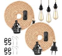 GOMETY 2 Pezzi Lampada A Sospensione Con Interruttore E Spina, Attacco E27, Cavo In Corda Di Canapa Da 4,5M, Marrone, Lampada Vintage, Lampada A Pendolo