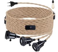 GOMETY 3 paia di portalampada con cavo E27, kit a sospensione con interruttore, corda di canapa da 6,8 m, lampada a sospensione fai da te, vintage, cavo in tessuto, kit per soggiorno, senza lampadina