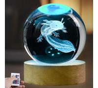 GOMETY Axolotl, lampada notturna a sfera di cristallo, 16 colori, lampada da notte in vetro Axolotl, con telecomando, 8 cm, regalo Axolotl con base in legno, lampada in legno trasparente, lampada