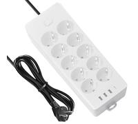 GOMETY Ciabatta elettrica piatta a 10 prese, presa USB con protezione da sovratensione con 10 spina piatta AC, 3 caricabatterie USB e 1 presa di tipo C con cavo da 2 m (CE-4bai)