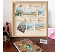 GOMETY Cornice portafoto fai da te in legno, 32 x 32 cm, cornice portafoto collage con corda di canapa e clip in legno, per foto, cartoline, versatile, per foto da parete