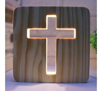 GOMETY Jesus - Luce notturna a forma di croce, 3D, con intaglio in legno, bianco caldo, USB, decorazione per camera da letto, regalo religioso per cristiani e Pasqua