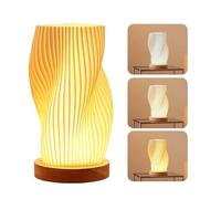 GOMETY Lampada da Comodino con Base in Legno, Lampada da Notte USB Vintage a Strisce 3 Colori, Lampada da Comodino con Paralume in PLA, 9 Livelli di Luminosità LED Piccola Lampada da Tavolo per Camera