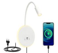 GOMETY Lampada da Lettura a Parete Lampada Bianca a Collo d'Cigno Girevole a 360° con Presa, Comodino a Intensità Variabile, Applique da Parete LED per Camere, Hotel e Notte