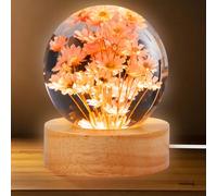 GOMETY Lampada notturna a sfera di cristallo 3D, 6 cm, con base in legno USB, margherita, fiore eterno per la casa, decorazione da tavolo