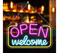 GOMETY Open Welcome - Targa a LED al neon, 42 x 23 cm, per business, luminosa, dimmerabile, con funzionamento USB, per negozi, bar, bar, feste, club