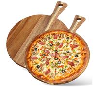 GOMETY Set di 2 piatti per pizza in legno, rotondi, 30 cm, con manico, taglieri per pizza, pane, formaggio, salumi e torte