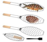 GOMETY Set di 3 arrosti per pesce, 63 x 12 cm, con manico in legno, pieghevole per grigliare con spazzola in silicone da 21 cm, griglia portatile per barbecue e barbecue (argento)