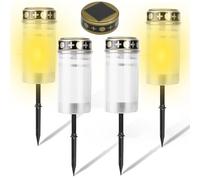GOMETY Set di 4 candele funerali, a energia solare, a LED, con picchetto, luce tomba, luce fissa, luci per tomba, illuminazione per esterni, decorazione funerale, ricordo (bianco)