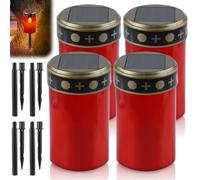 GOMETY Set di 4 candele per tomba, a energia solare, con picchetto, luce per tomba, luce fissa, luci per tomba, illuminazione per esterni, decorazione funeraria, ricordo (rosso) (rosso)