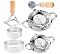 GOMETY - Set di 6 stampi per ravioli, in acciaio inox, con tagliapasta e rotella per ravioli, con manico in legno per fare ravioli