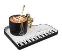 GOMETY Set di tazze da caffè per pianoforte creativo con piattino e cucchiaio: 200 ml, tazza da caffè in ceramica, per caffè e casa (nero)