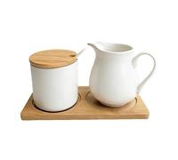 GOMETY Set latte e zucchero con coperchio e cucchiaio, in ceramica, con vassoio in legno, lavabile in lavastoviglie e microonde, per caffè e cappuccino (bianco)