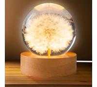 GOMETY Sfera di cristallo, luce notturna, 6 cm, pupazzo di vetro, lampada da notte, luce notturna a forma di fiore con base in legno USB, ideale come regalo