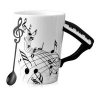 GOMETY Tazza in ceramica, 250 ml, con manico a forma di pianoforte e cucchiaio per note musicali, ideale per caffè, tè e regali musicali