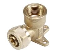 Gomito a 90° F/Filetto F con flangia e due fori di fissaggio 1/2 x20mm per tubo multistrato a compressione