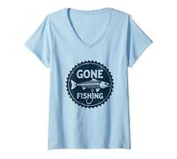 Gone Fishing - Amo scheletrato Vintage con Pesce invecchi Maglietta con Collo a V, Donna, Celeste, XL