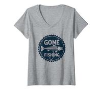 Gone Fishing - Amo scheletrato Vintage con Pesce invecchi Maglietta con Collo a V, Donna, Grigio Melange, XXL