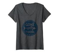 Gone Fishing - Amo scheletrato Vintage con Pesce invecchi Maglietta con Collo a V, Donna, Grigio Scuro, XL