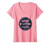 Gone Fishing - Amo scheletrato Vintage con Pesce invecchi Maglietta con Collo a V, Donna, Rosa, M
